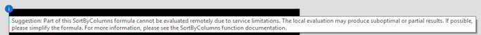 Screenshot: Das Icon und der Hinweis werden von PowerApps eingeblendet, wenn eine Formel nicht delegierbar ist.