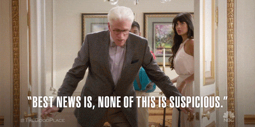 Grey-haired man closes door while saying "Best News is, none of this is suspicious"