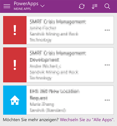 Ansicht von PowerApps und verfügbaren Apps in der iOS-Version