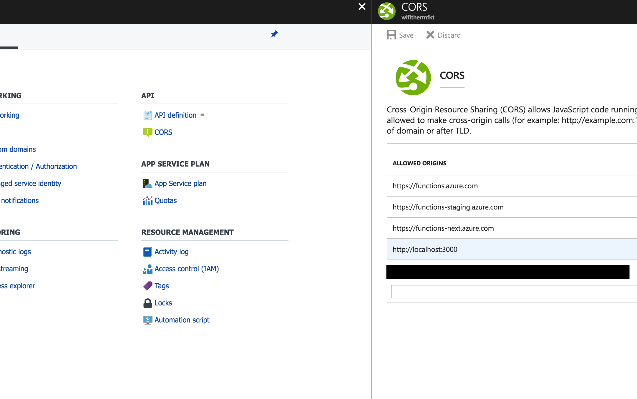 CORS Einstellungen für eine Azure Function App