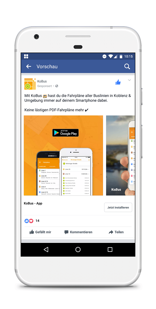 Eine unserer Anzeigen für KoBus: Eine kostenlose Fahrplan-App für den Raum Koblenz und Umgebung.