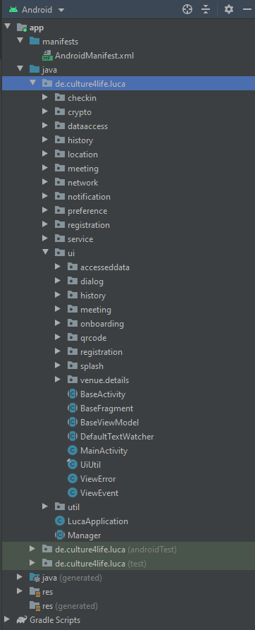 Projektbaum der luca App in Android Studio