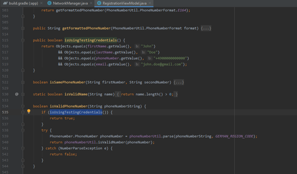 Vorhalten eines Test-Accounts im Code der luca App