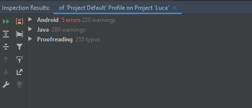 Android Studio Funktion Inspect Code Resultat der luca App